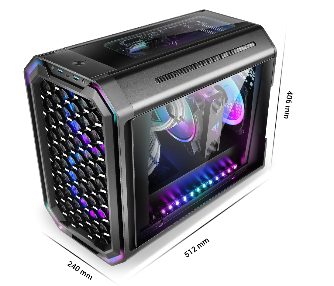 Antec Dark Cube, Dual Front Panels Included, Slide-Open Case Structure,  Build-In LED Lighting Bars, Top GPU Showcase, USB3.1 Type-C Ready,  Aerospace